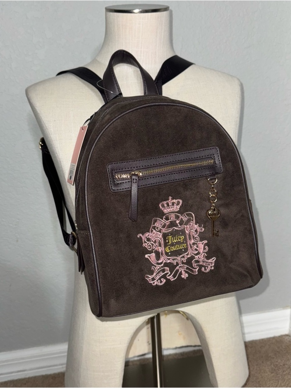 Juicy Couture Chocolate Velour Mini Backpack Crown Crest Logo Key Charm Bag NEW